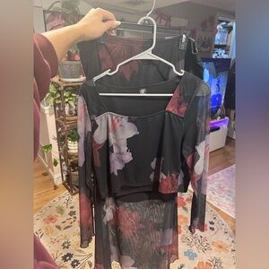 Mesh 2-Piece Matching Set Black and Floral 2XL
